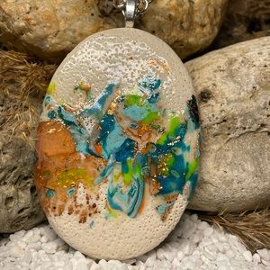 Large pendant polymer clay Mokume Gane technique. 24” chain. LL2C N102